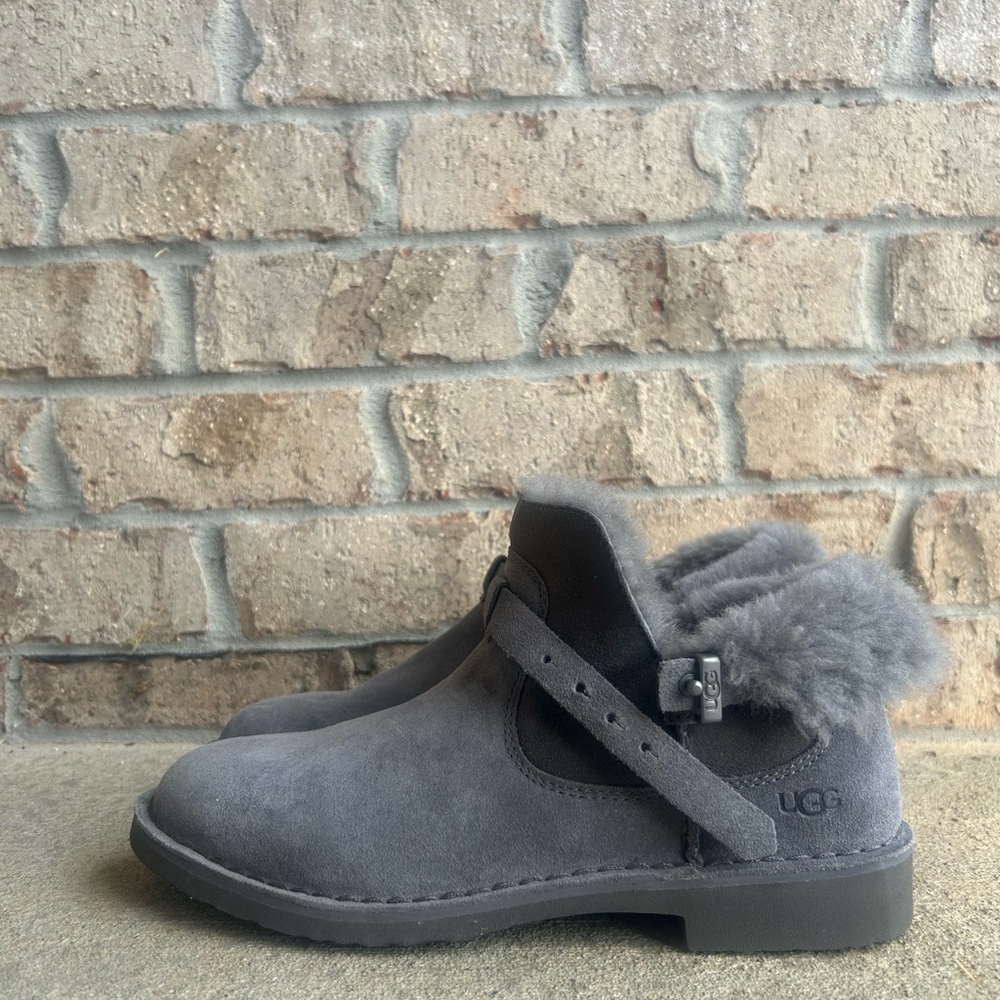 UGG Gray Suede Ankle Boots with Fur Trim